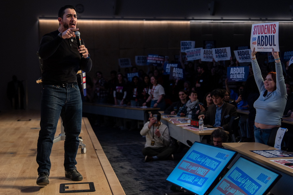 Abdul El-Sayed, a progressive candidate in the Democratic primary for U.S. Senate in Michigan, speaks at a campaign event, Tuesday, April 7, 2026, at the University of Michigan in Ann Arbor, Mich. (AP Photo/Julia Demaree Nikhinson)