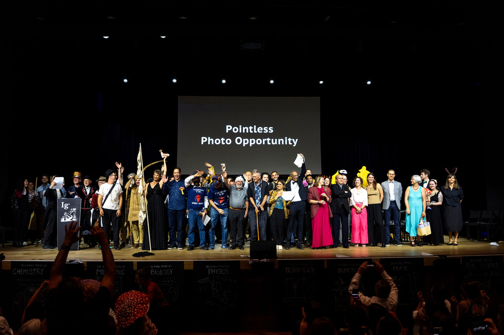 The Winners the Ig Nobel Prize pose for a group picture during the ceremony held in the Zurich Convention Center in Zurich, Switzerland, on Thursday, Sept. 3, 2026. (Claudio Thoma/Keystone via AP)