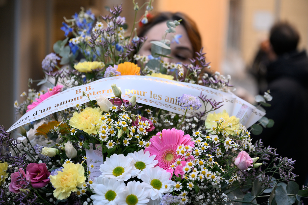 A woman carries a bouquet of flowers reading" BB, memory of an eternal animals lover" outside Notre-Dame de l'Assomption church before Brigitte Bardot's funeral ceremony, Wednesday, Jan. 7, 2026 in Saint-Tropez, southern France. (AP Photo/Philippe Magoni)