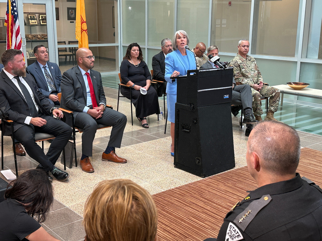New Mexico Gov. Michelle Lujan Grisham speaks during a news conference in Albuquerque, on Monday, June 29, 2026. (AP Photo/Susan Montoya Bryan)