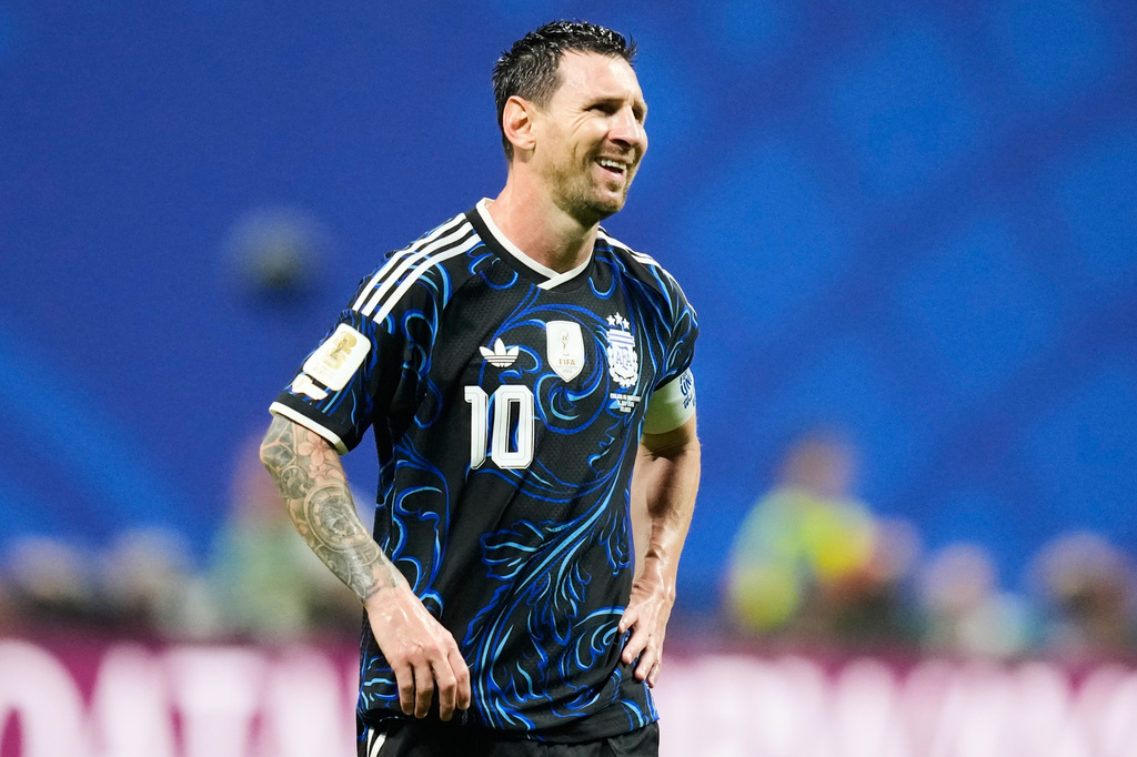 Argentina's Lionel Messi (10) reacts during the World Cup semifinal soccer match between England and Argentina in Atlanta, Wednesday, July 15, 2026. (AP Photo/Rebecca Blackwell)