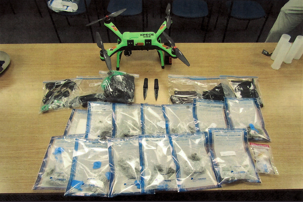 This photo provided by the New York State Department of Correction and Community Supervision shows contraband and the drone that was used to deliver them displayed at Marcy Correctional Facility, Saturday, March 14, 2026, in Marcy, N.Y. (New York State DOCCS via AP)