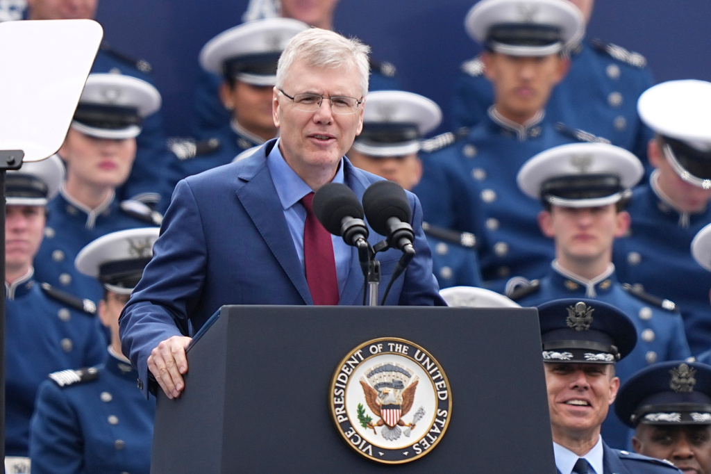 FILE - Secretary of the Air Force Troy Meink speaks during the United States Air Force Academy Graduation Ceremony at Falcon Stadium, Thursday, May 28, 2026, at the United States Air Force Academy in Colorado Springs, Colo. (AP Photo/Matt Rourke, Pool, File)
