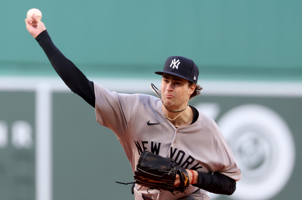New York Yankees pitcher Cam Schlittler throws during the first inning of a baseball game against the Boston Red Sox, Thursday, April 23, 2026, in Boston. (AP Photo/Mark Stockwell)
