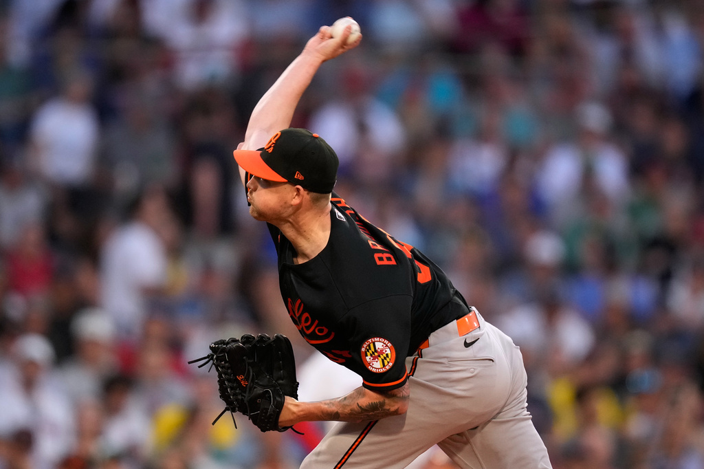 Baltimore Orioles starting pitcher Kyle Bradish delivers in the first inning during the second baseball game of a doubleheader against the Boston Red Sox, Wednesday, July 22, 2026, in Boston. (AP Photo/Charles Krupa)