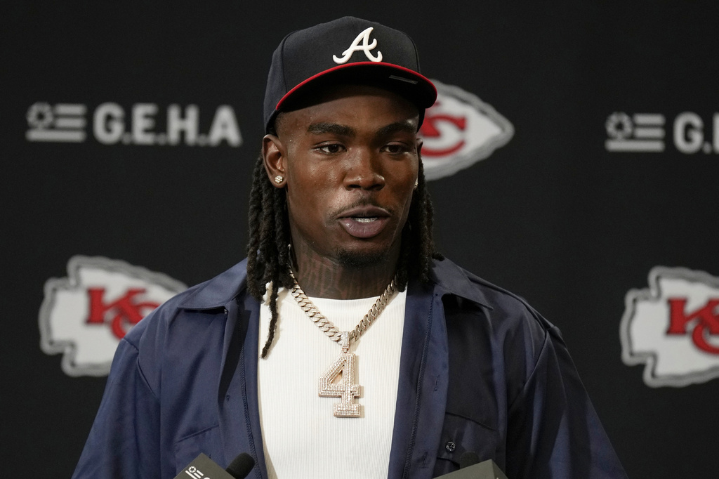 FILE - Kansas City Chiefs wide receiver Rashee Rice speaks during a news conference following an NFL football game against the Indianapolis Colts, Nov. 23, 2025, in Kansas City, Mo. (AP Photo/Charlie Riedel, File)