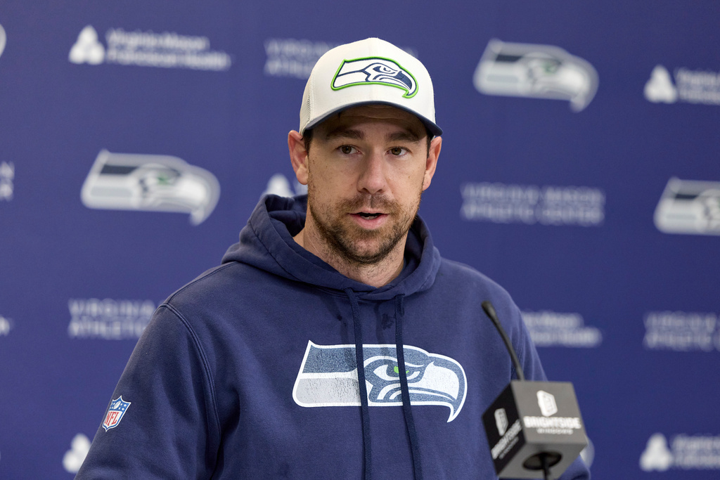 Seattle Seahawks offensive coordinator Klint Kubiak speaks during a news conference Thursday, Jan. 22, 2026, in Seattle at the team's facilities ahead of the NFL football NFC Championship game against the Los Angeles Rams. (AP Photo/John Froschauer)