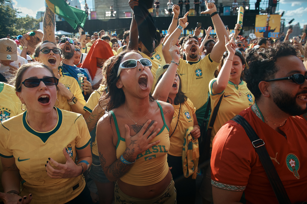 Brazil's fans sing while watching the FIFA World Cup Group C match between Brazil and Morocco during a public watch party in Central Park, Saturday, June 13, 2026, in New York. (AP Photo/Andres Kudacki)