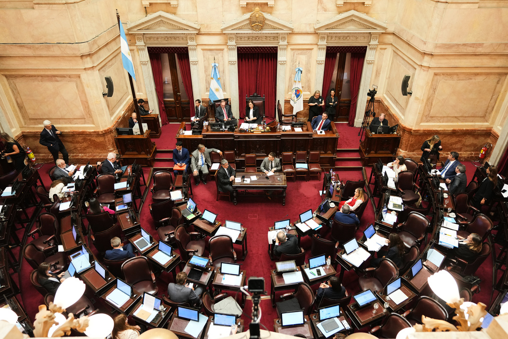 Senators debate a bill that would lower the age of criminal responsibility from 16 to 14, before discussing a labor reform bill proposed by President Javier Milei's government, at Congress in Buenos Aires, Argentina, Friday, Feb. 27, 2026. (AP Photo/Natacha Pisarenko)