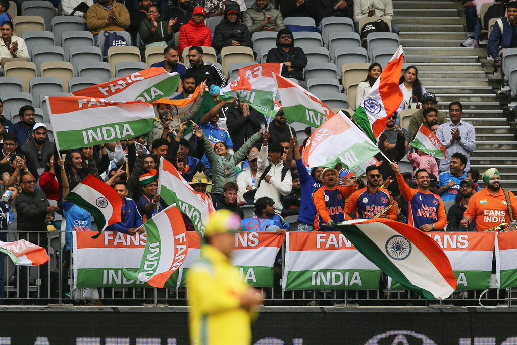 Indian fans react during the one day international cricket match between Australia and India in Perth Australia, Sunday, Oct. 19, 2025. (David Woodley/AAPImage via AP)