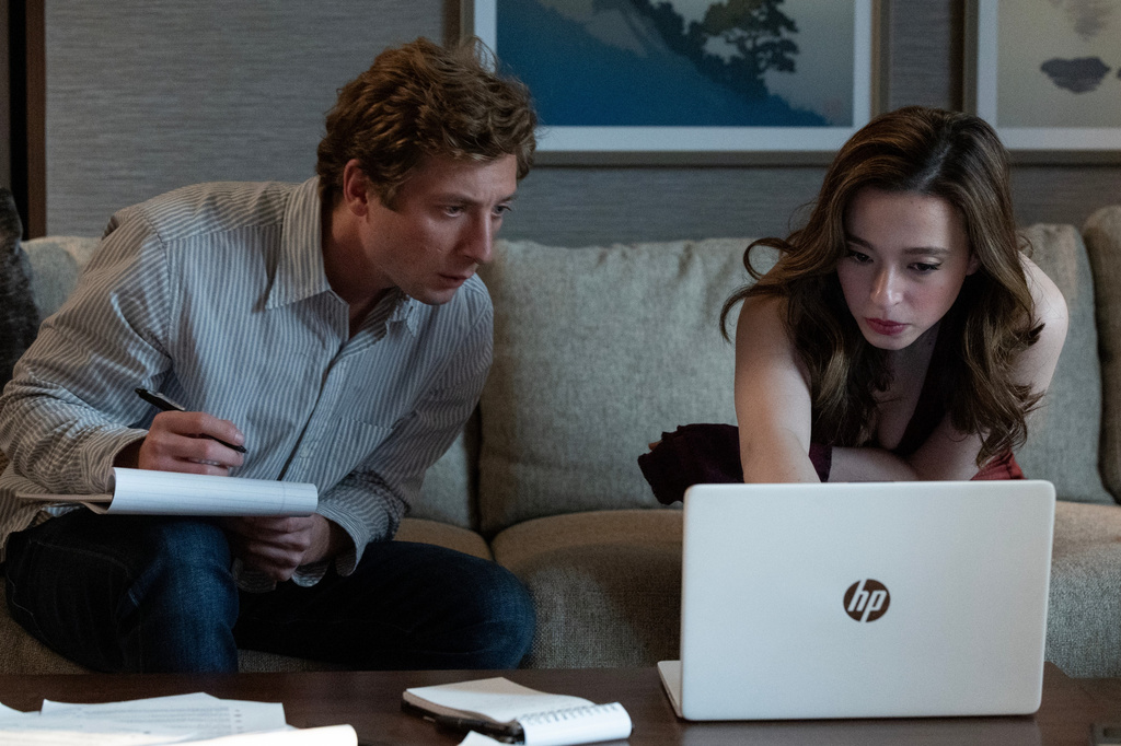 This image released by Sony Pictures shows Jeremy Allen White, left, and Mikey Madison in a scene from “The Social Reckoning.” (Leah Gallo/Sony Pictures via AP)