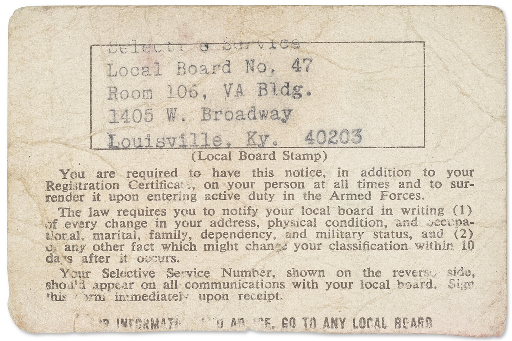 This image provided by Christie’s Auction House shows Muhammad Ali's draft card. (Christie’s Auction House via AP)
