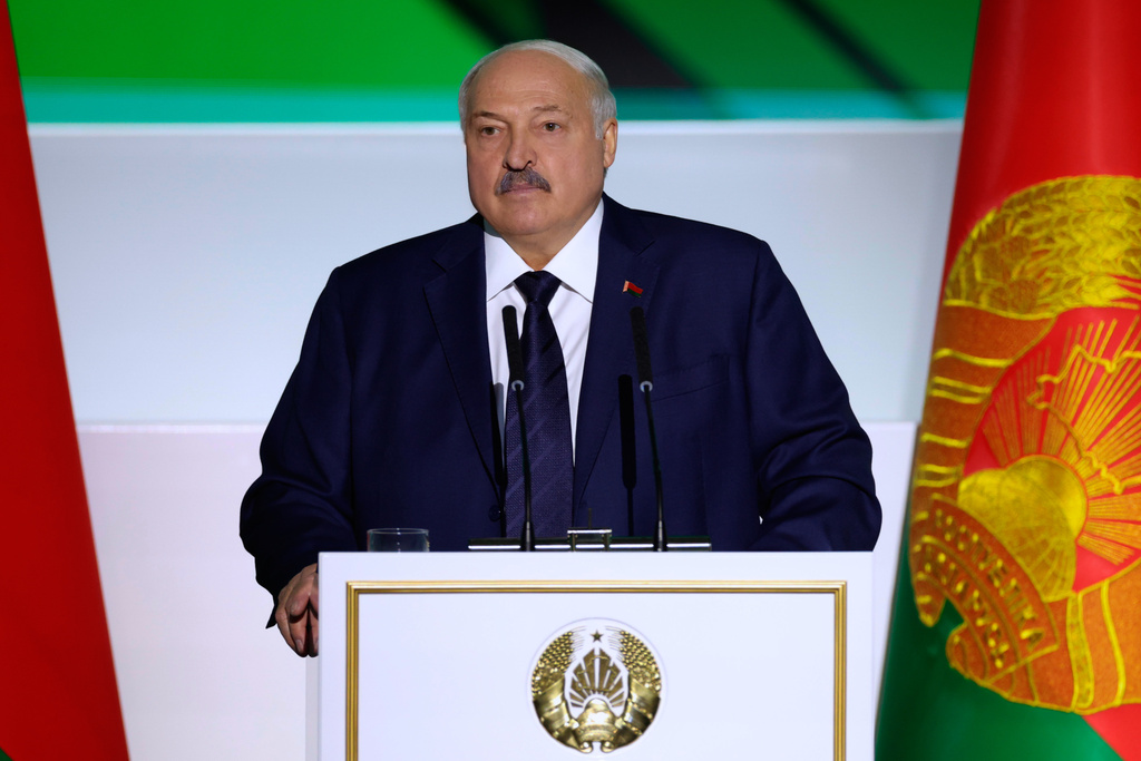 In this photo provided by Belarusian Presidential Press Service, Belarusian President Alexander Lukashenko addresses the meeting of the All-Belarusian People's Assembly in Minsk, Belarus, Thursday, Dec. 18, 2025.(Belarusian Presidential Press Service via AP)