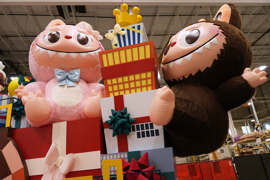 A new Thanksgiving Day float featuring Pop Mart's Labubu, right, and Mokoko are displayed during a press preview of the new floats at Macy's Parade Studio in Moonachie, N.J., Tuesday, Nov. 18, 2025. (AP Photo/Seth Wenig)