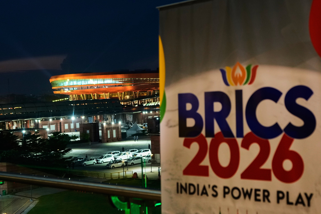 An illuminated Bharat Mandapam, the main venue of the BRICS summit is seen in New Delhi, India, Saturday, Sept. 12, 2026. (AP Photo/Mukhtar Khan)