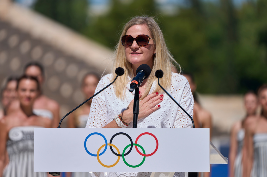 International Olympic Committee President Kirsty Coventry speaks during the Dakar 2026 Youth Olympic Games flame handover ceremony at Panathenaic stadium, in Athens, Greece, on Thursday, Sept. 10, 2026. (AP Photo/Petros Giannakouris)
