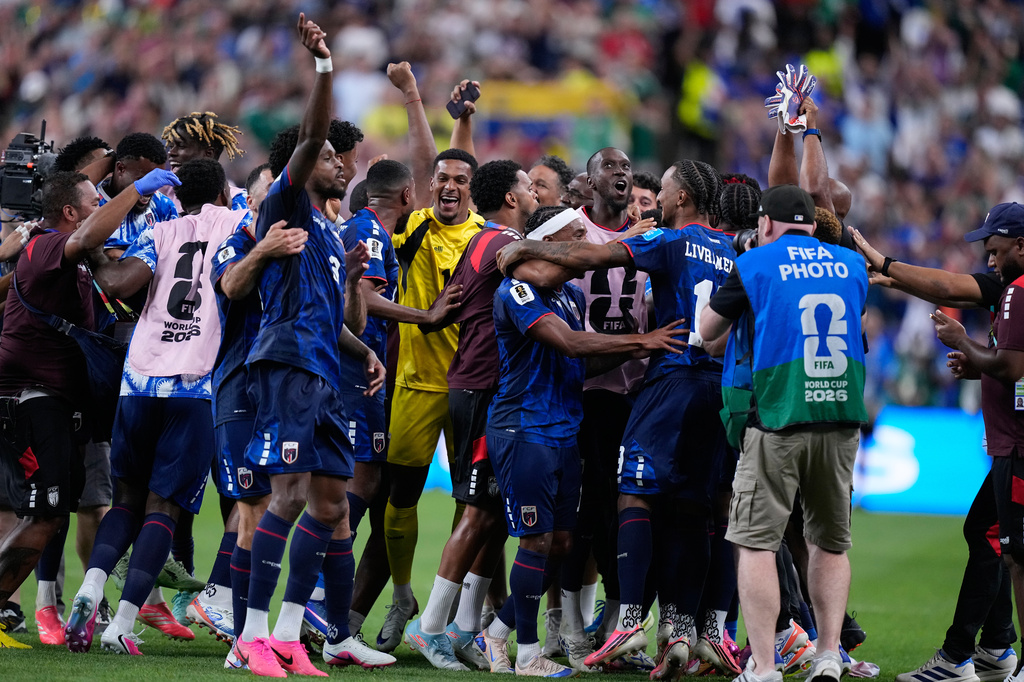 Cape Verde team members celebrate after the World Cup Group H soccer match between Cape Verde and Saudi Arabia in Houston, Friday, June 26, 2026. (AP Photo/Ashley Landis)