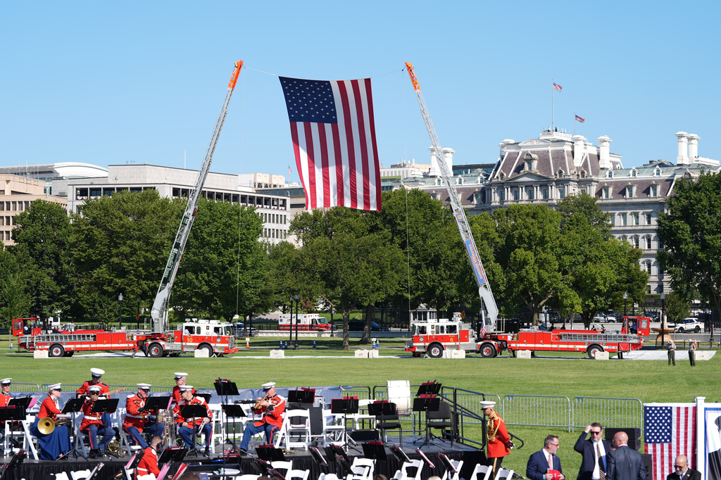 The U.S. flag is displayed during the Tunnel to Towers Foundation event for the 25th Anniversary of 9/11, on the Ellipse near the White House in Washington, Tuesday, Sept. 8, 2026. (AP Photo/Mark Schiefelbein)