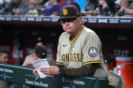 FILE - San Diego Padres manager Mike Shildt (8) in the first inning during a baseball game against the Arizona Diamondbacks, June 15, 2025, in Phoenix. (AP Photo/Rick Scuteri, File) FILE - San Diego Padres manager Mike Shildt (8) in the first inning during a baseball game against the Arizona Diamondbacks, June 15, 2025, in Phoenix. (AP Photo/Rick Scuteri, File)