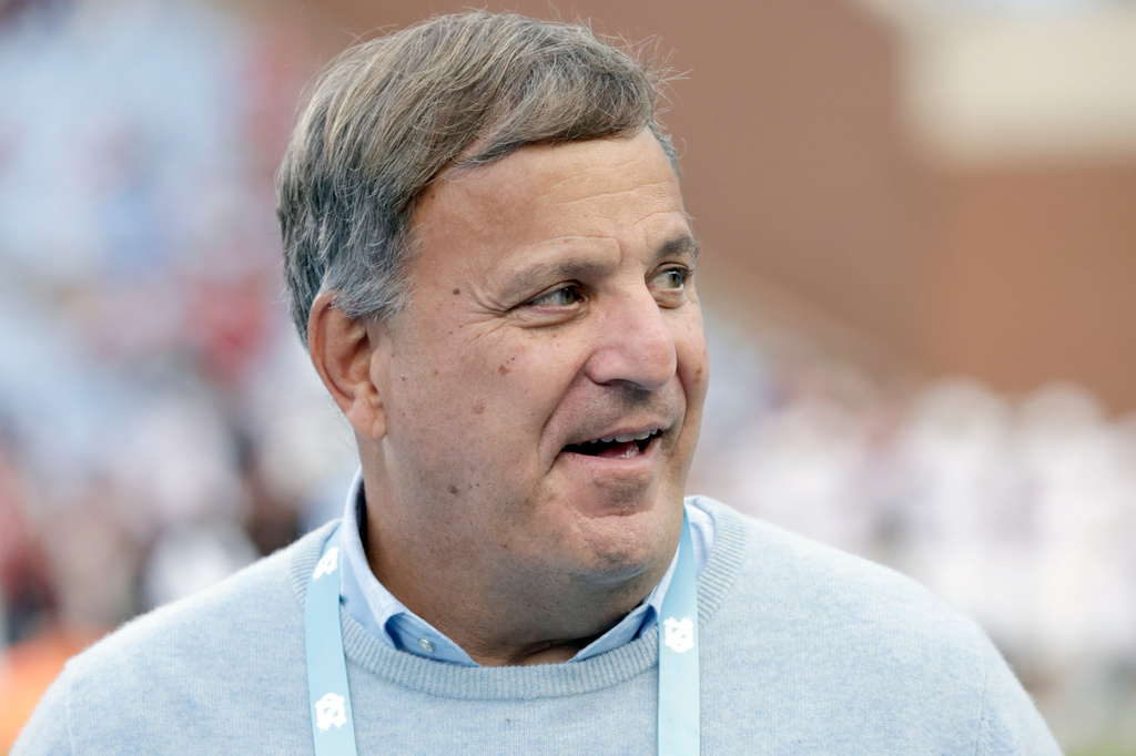 FILE - North Carolina general manager Michael Lombardi on the sidelines before an NCAA college football game Saturday, against Stanford, Nov. 8, 2025, in Chapel Hill, N.C. (AP Photo/Chris Seward,File)