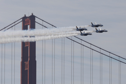 FILE - The Blue Angels perform during the the San Francisco Fleet Week Air Show on Oct. 11, 2024 in San Francisco, Calif. (Lea Suzuki/San Francisco Chronicle via AP, file) FILE - The Blue Angels perform during the the San Francisco Fleet Week Air Show on Oct. 11, 2024 in San Francisco, Calif. (Lea Suzuki/San Francisco Chronicle via AP, file)
