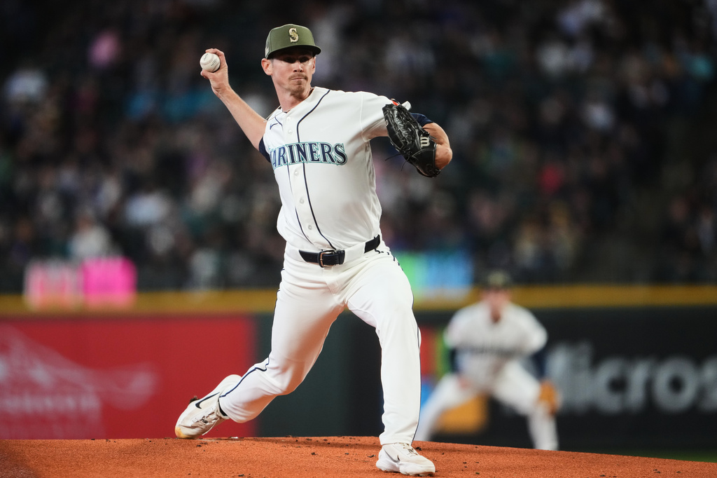 Seattle Mariners starting pitcher Emerson Hancock throws against the San Diego Padres during the first inning of a baseball game, Friday, May 15, 2026, in Seattle. (AP Photo/Lindsey Wasson)