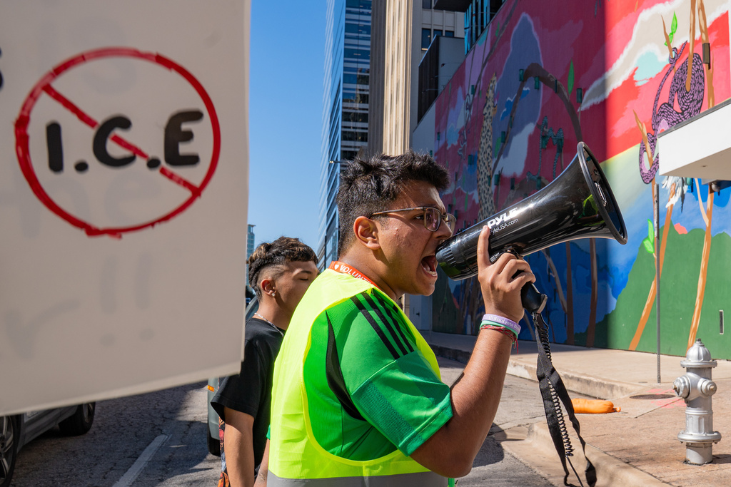 Ayaan Moledina leads a chant as central Texas high school students and community members march to the Capitol in protest of U.S. Immigration and Customs Enforcement, ICE, in Austin, Texas, Monday, Feb. 16, 2026. (Mikala Compton/Austin American-Statesman via AP)