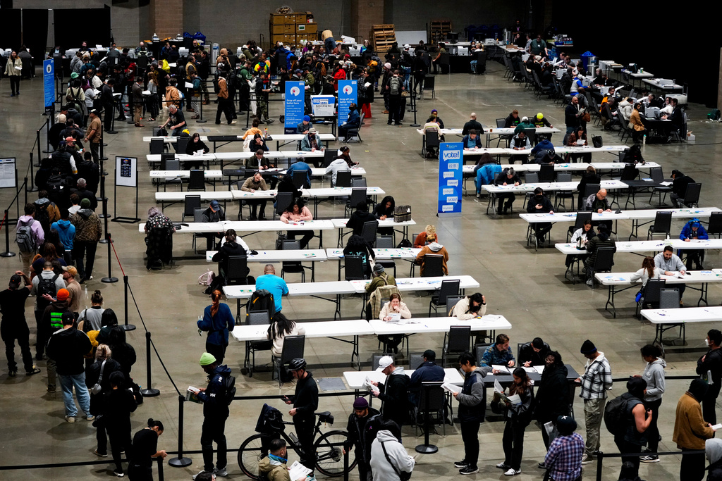 FILE - Voters wait in line and fill out their ballots at a voting center at Lumen Field Event Center on Election Day, Nov. 5, 2024, in Seattle. (AP Photo/Lindsey Wasson, File)