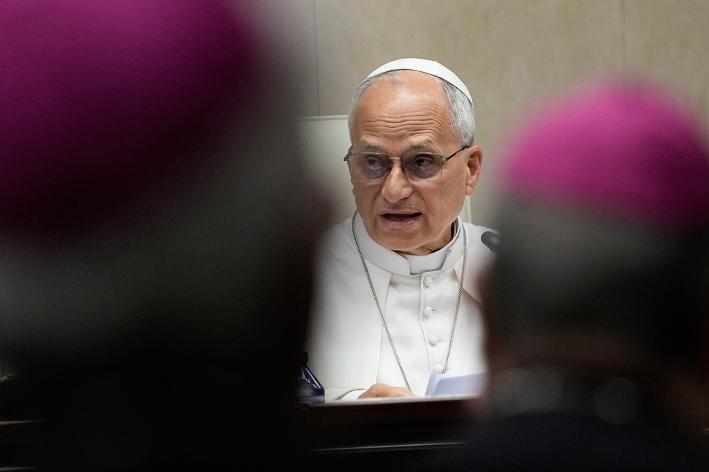 Pope Leo XIV meets with Spain's bishops at the Spanish Episcopal Conference, in Madrid, Monday, June 8, 2026. (AP Photo/Alessandra Tarantino)