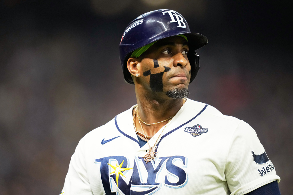 Tampa Bay Rays' Yandy D&iacute;az reacts after making an out during the eighth inning of Game 5 of baseball's World Series, Wednesday, Oct. 28, 2026, in St. Petersburg, Fla., between the Milwaukee Brewers and the Tampa Bay Rays. (AP Photo/Ashley Landis)