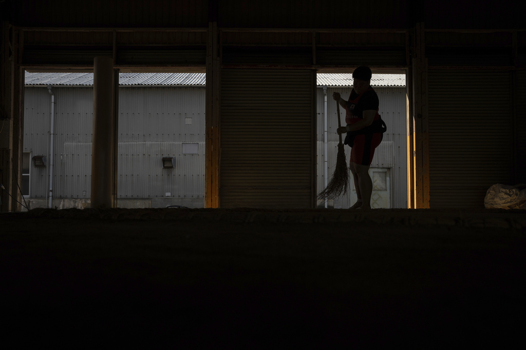 Airi Hisano sweeps the clay ring with a broom after a practice session at the Tachihi Holdings Women's sumo club in Tokyo, on Aug. 2, 2025. (AP Photo/Louise Delmotte)