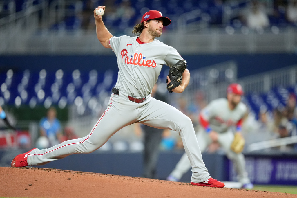 Philadelphia Phillies starting pitcher Aaron Nola pitches during the first inning of a baseball game against the Miami Marlins, Monday, May 4, 2026, in Miami. (AP Photo/Rebecca Blackwell)