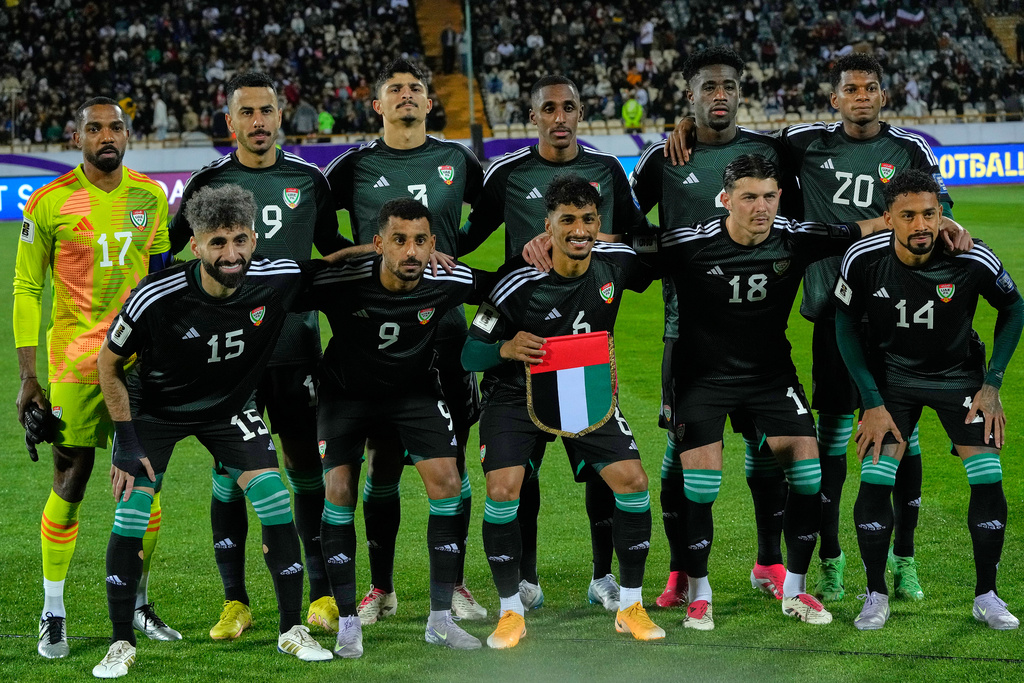 FILE - United Arab Emirates starting 111 pose for a team photo prior to the World Cup group A qualifying soccer match against Iran in Tehran, Iran, March 20, 2025. (AP Photo/Vahid Salemi, File)