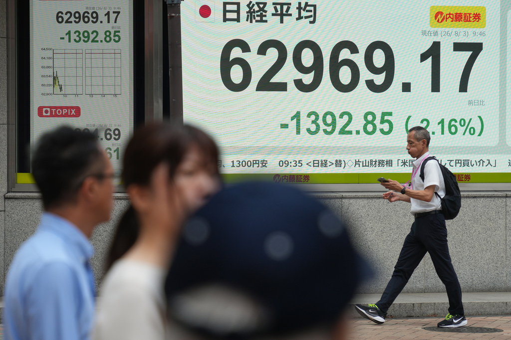 A person walks past an electronic board showing the U.S. dollar and Japanese yen exchange rate at a securities firm in Tokyo on Monday, Aug. 3, 2026. (AP Photo/Eugene Hoshiko)
