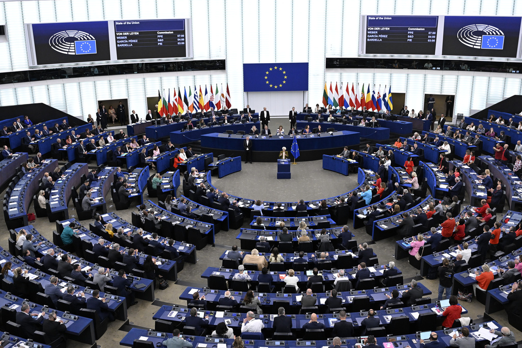 European Commission President Ursula von der Leyen gestures as she delivers a major state of the union speech at the European Parliament in Strasbourg, eastern France, Wednesday, Sept. 10, 2025. (AP Photo/Pascal Bastien)