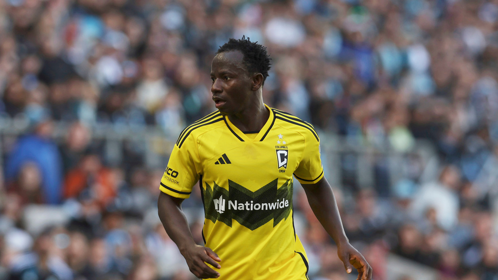 FILE - Columbus Crew midfielder Yaw Yeboah looks on during the first half of an MLS soccer match against the Minnesota United, March 2, 2024, in St. Paul, Minn. (AP Photo/Stacy Bengs, File)