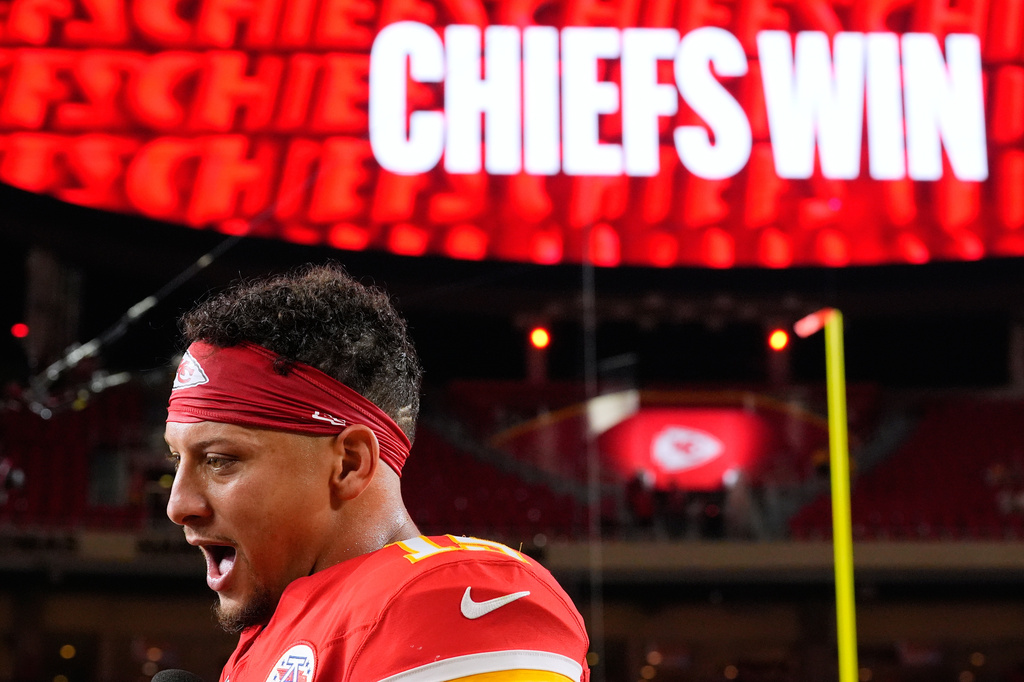Kansas City Chiefs quarterback Patrick Mahomes is interviewed following an NFL football game against the Denver Broncos, Monday, Sept. 14, 2026, in Kansas City, Mo. (AP Photo/Charlie Riedel)