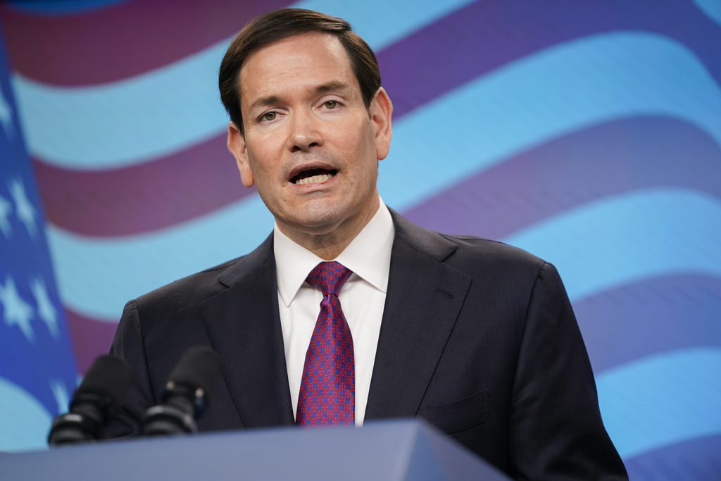 U.S. Secretary of State Marco Rubio speaks during a joint press conference with Israeli Prime Minister Benjamin Netanyahu (not pictured) at the Prime Minister's Office, during his visit, in Jerusalem, Monday, Sept. 15, 2025. (Nathan Howard/Pool Photo via AP)