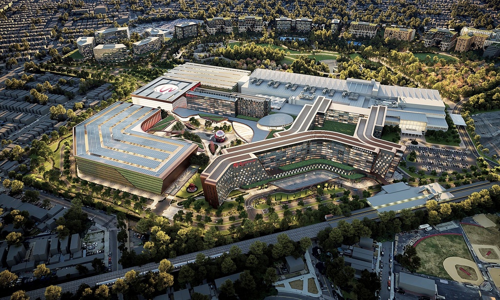 FILE - This image rendering from Resorts World shows the Resorts World casino, owned by Malaysian casino giant Genting, a $5.5-billion investment to its gaming facility at the Aqueduct Racetrack in the Queens borough of New York. (Resorts World via AP, File)