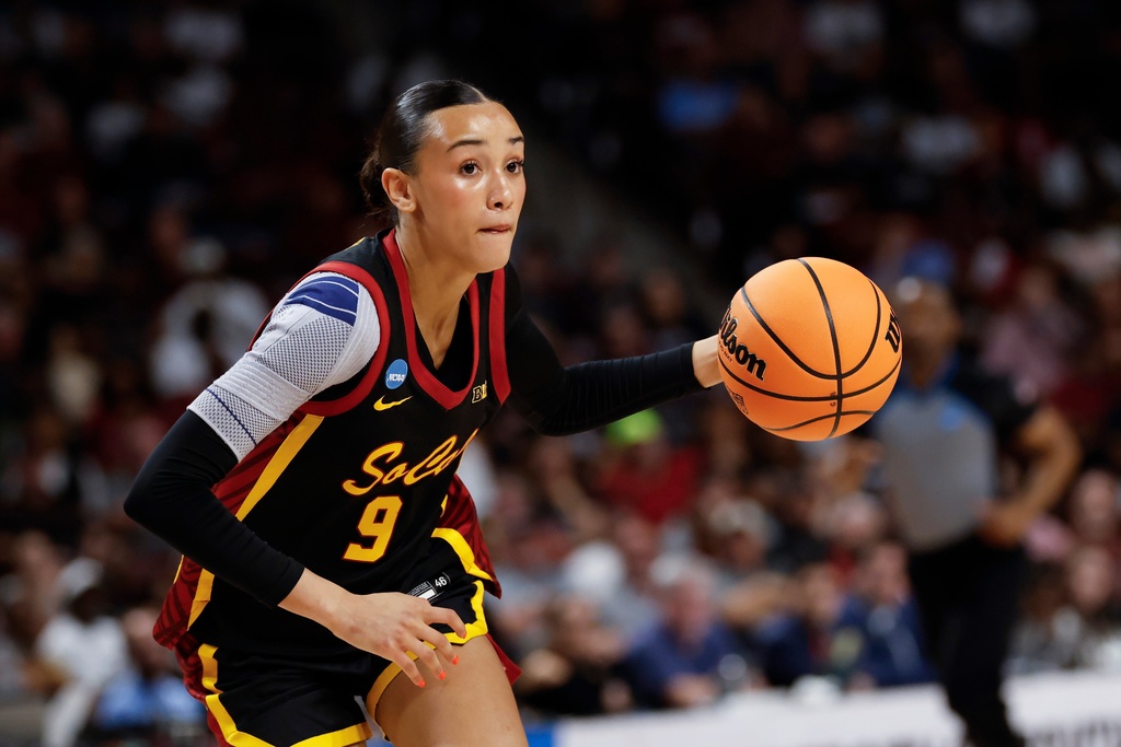 Southern California guard Jazzy Davidson drives to the basket against South Carolina during the second half in the second round of the NCAA college basketball tournament, Monday, March 23, 2026, in Columbia, S.C. (AP Photo/Nell Redmond)
