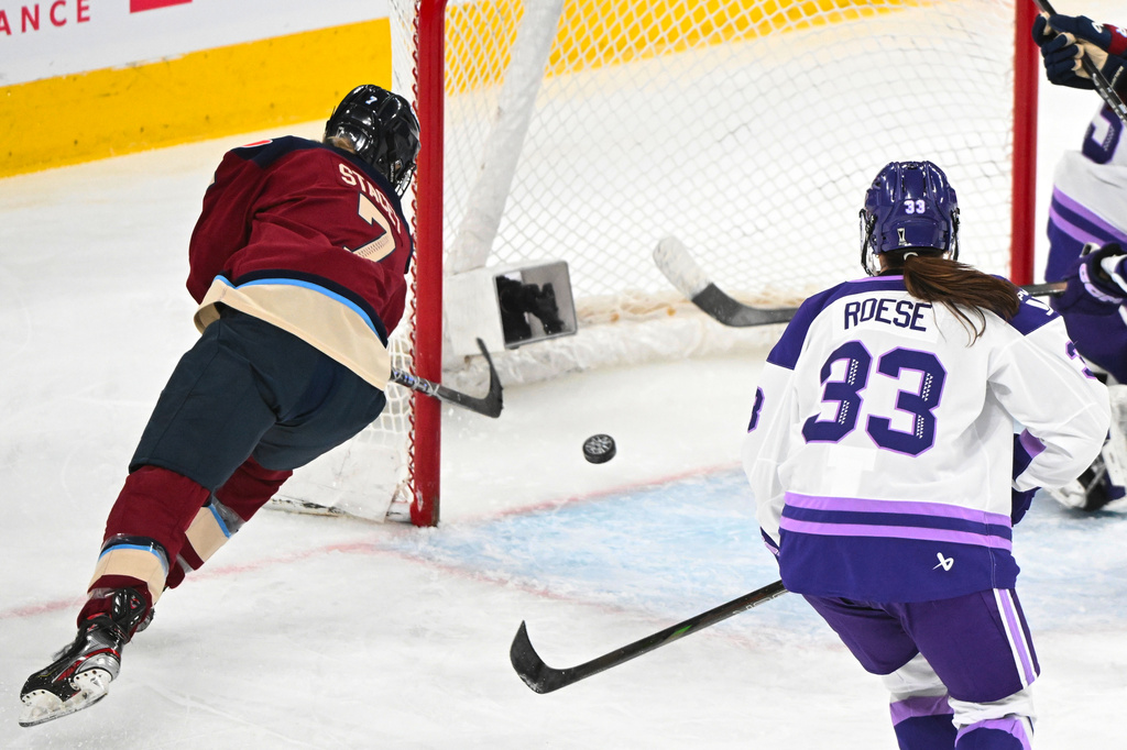 Montreal Victoire's Laura Stacey (7) scores her third goal against the Minnesota Frost during the third period of a PWHL playoff hockey game in Laval, Quebec Saturday, May 2, 2026. (Graham Hughes/The Canadian Press via AP)