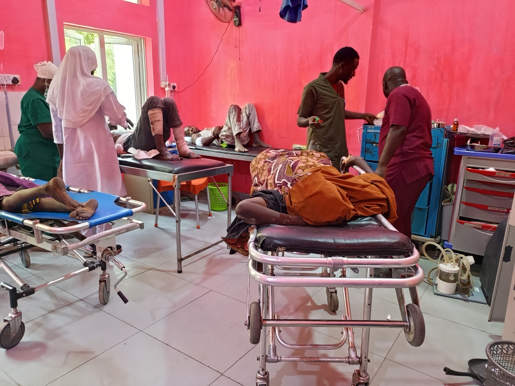 Victims of Monday's bomb blast at a market receives treatment at a hospital in Maiduguri, Nigeria, Tuesday, March 17, 2026. (AP Photo/Jossy Ola)