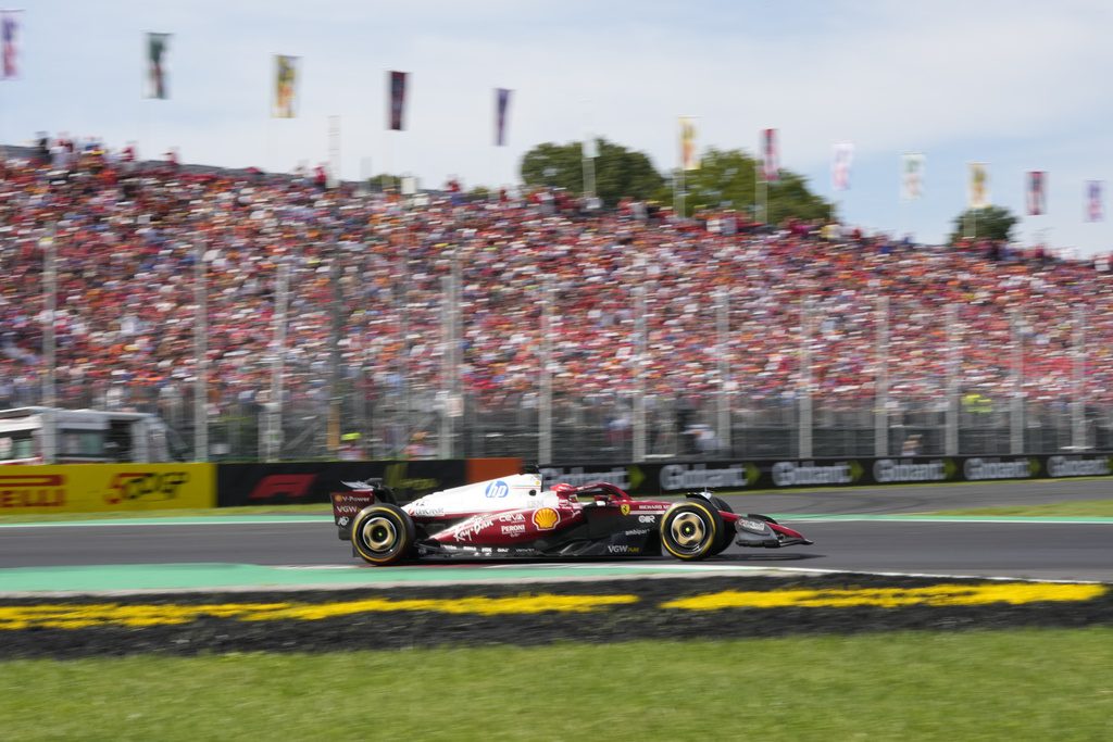 Ferrari driver Charles Leclerc of Monaco steers his car during the Italian Grand Prix race at the Monza racetrack in Monza, Italy, Sunday, Sept. 7, 2025. (AP Photo/Luca Bruno)