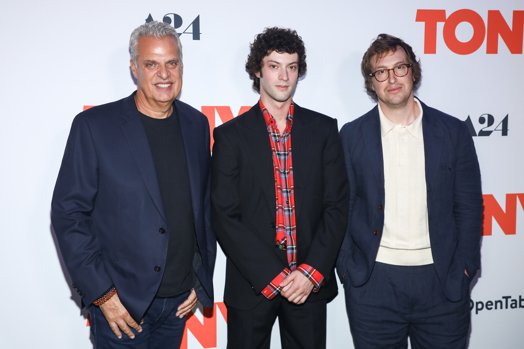 Eric Ripert, from left, Dominic Sessa, and director Matt Johnson attend the premiere of A24's "Tony" at Regal Union Square on Tuesday, July 28, 2026, in New York. (Photo by Andy Kropa/Invision/AP)