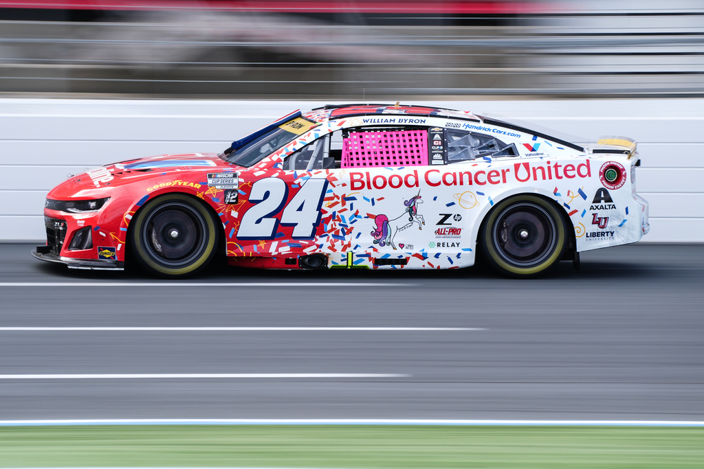 William Byron steers down he front stretch during a NASCAR Cup Series auto race at Charlotte Motor Speedway, Sunday, Oct. 5, 2025, in Concord, N.C. (AP Photo/Matt Kelley)