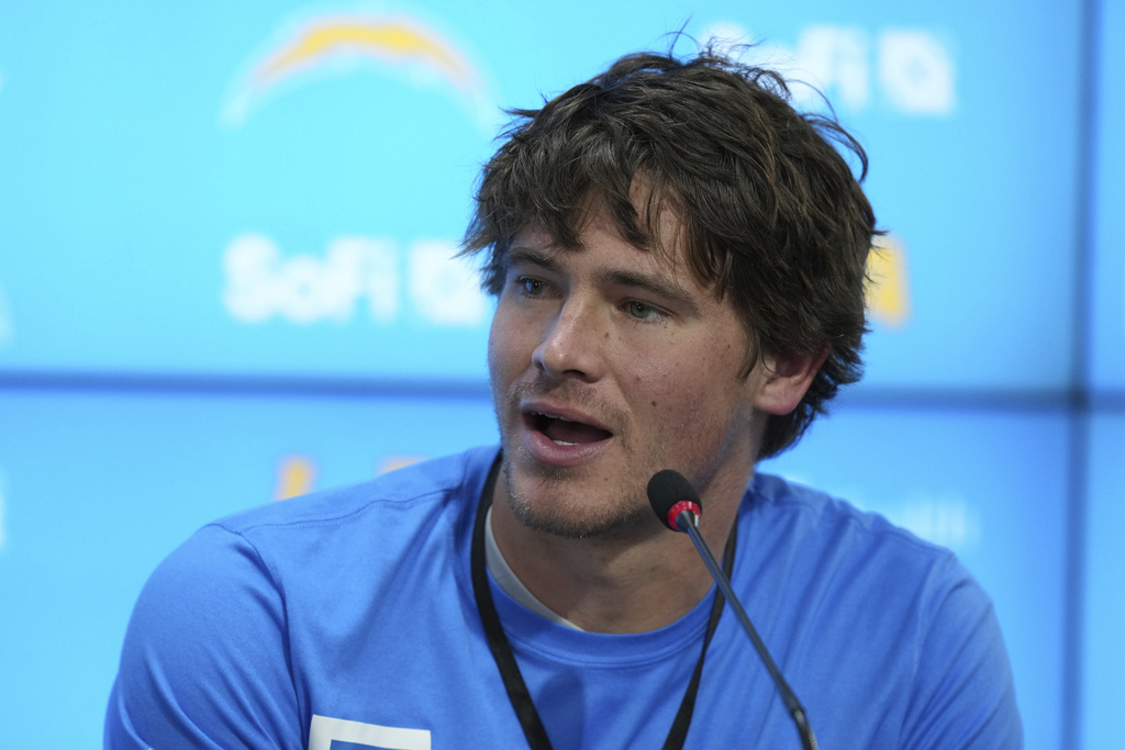 Los Angeles Chargers quarterback Justin Herbert speaks during a news conference prior to an NFL football game against the Kansas City Chiefs in Sao Paulo, Wednesday, Sept. 3, 2025. (AP Photo/Fernando Llano)