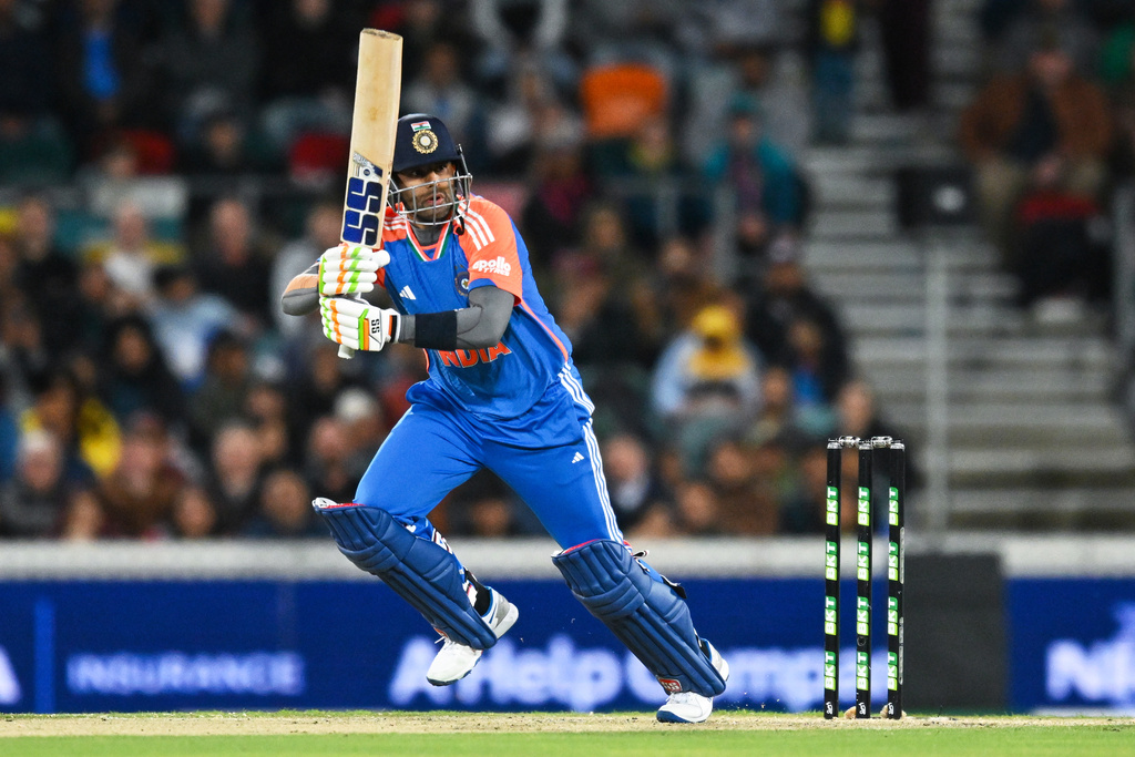 Suryakumar Yadav of India bats during the T20 cricket international between India and Australia in Canberra, Australia, Wednesday, Oct. 29, 2025. (Lukas Coch/AAPImage via AP)