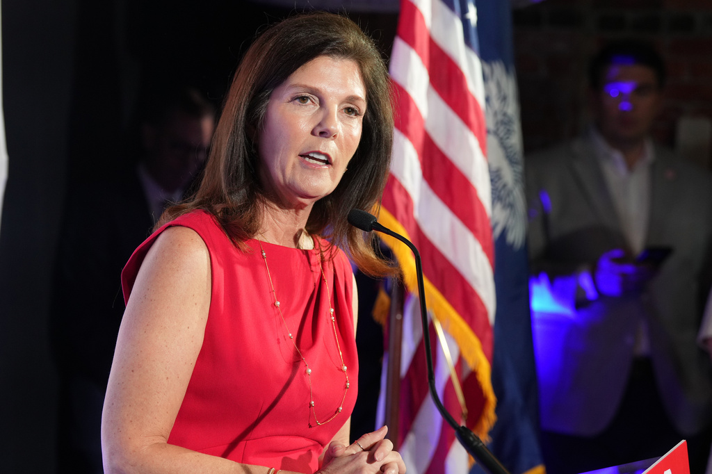 FILE - Lt. Gov. Pamela Evette, R-S.C., takes questions from reporters after receiving the endorsement of Gov. Henry McMaster, R-S.C., in the 2026 GOP gubernatorial primary, Feb. 12, 2026, in Columbia, S.C. (AP Photo/Meg Kinnard, File)