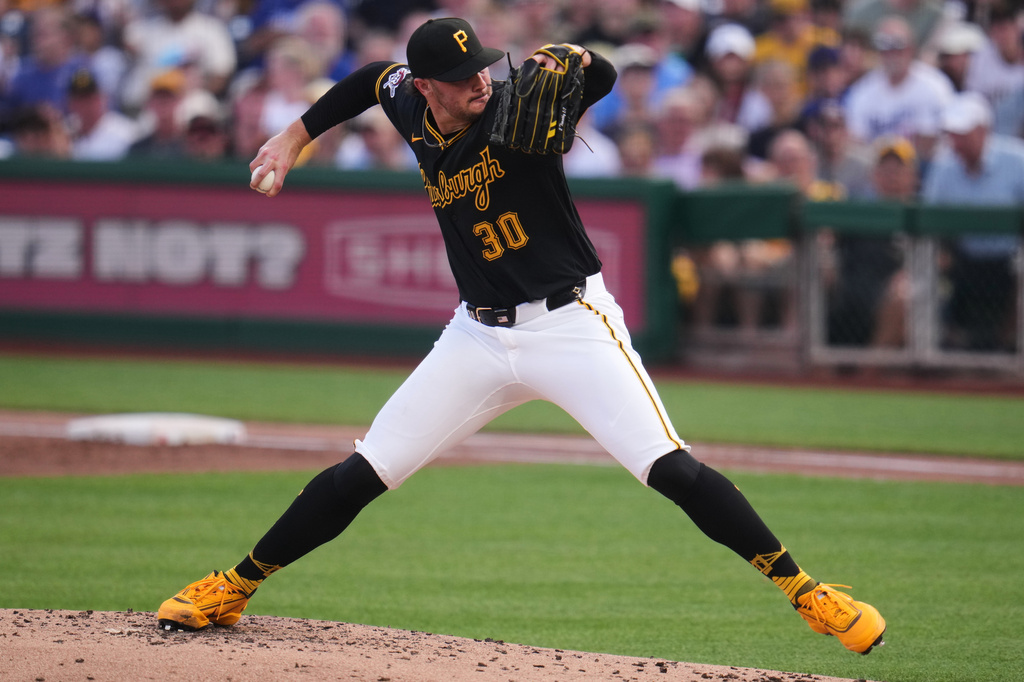 Pittsburgh Pirates pitcher Paul Skenes delivers during the first inning of a baseball game against the Los Angeles Dodgers in Pittsburgh, Tuesday, June 9, 2026. (AP Photo/Gene J. Puskar)