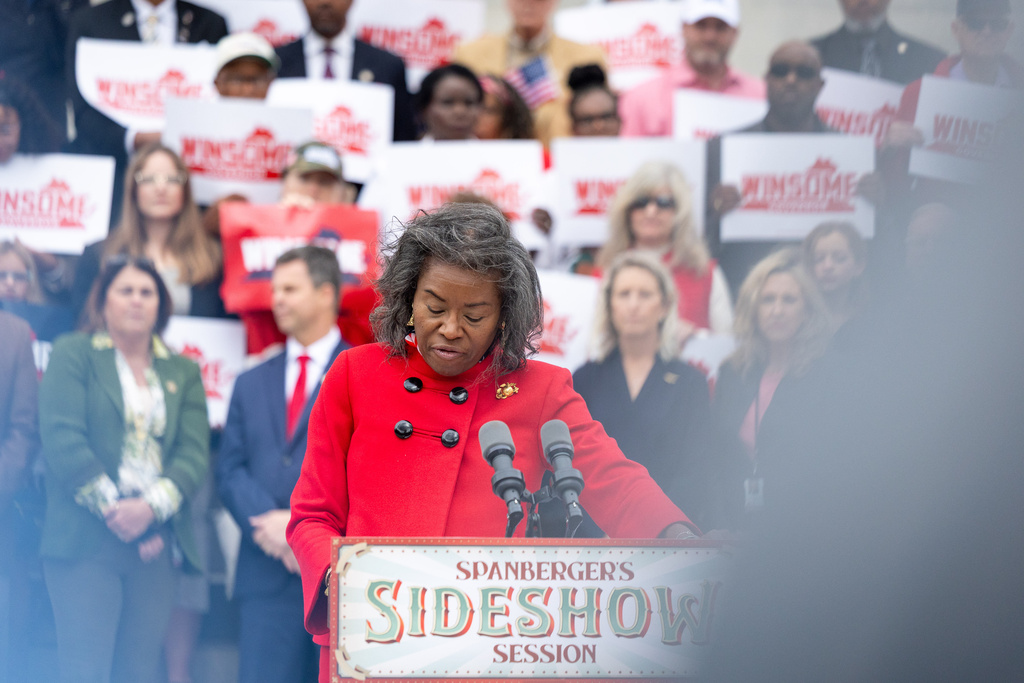 Republican gubernatorial candidate and current Lt. Gov. Winsome Earle-Sears speaks during a news conference on the steps of the Virginia Capitol Building, Monday, Oct. 27, 2025, in Richmond, Va. (Mike Kropf/Richmond Times-Dispatch via AP)